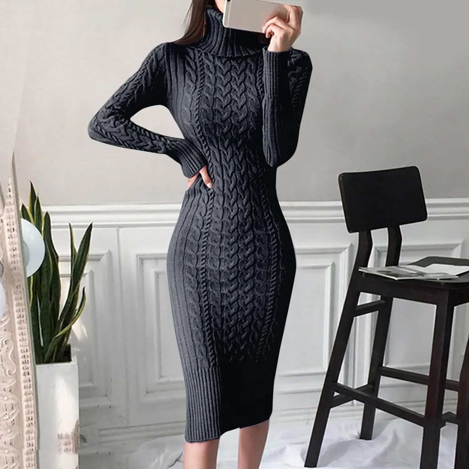 2024 Fall Sweater Dress for Women Long Sleeve Turtleneck Knit Ribbed Slim Fit Midi Dress Business Casual Outfits