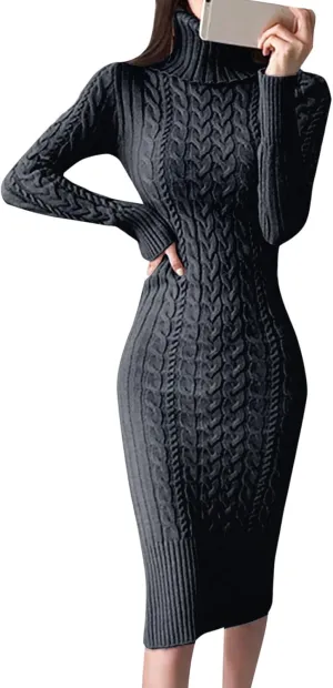 2024 Fall Sweater Dress for Women Long Sleeve Turtleneck Knit Ribbed Slim Fit Midi Dress Business Casual Outfits