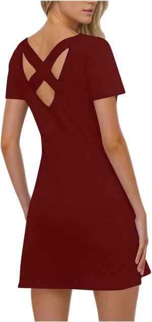 2025 Women Casual Striped Criss Cross Short Sleeve T Shirt Dress Summer Elegant Solid Mini Dresses Vacation Sundress