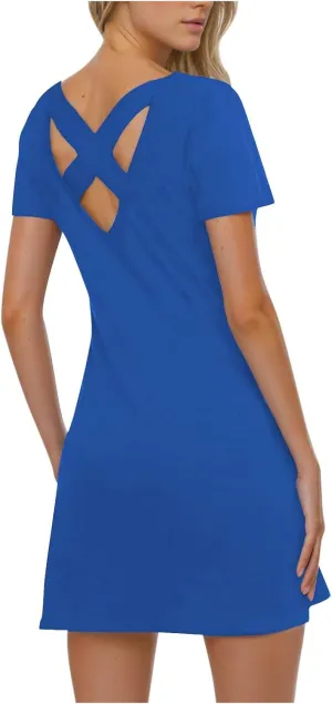 2025 Women Casual Striped Criss Cross Short Sleeve T Shirt Dress Summer Elegant Solid Mini Dresses Vacation Sundress