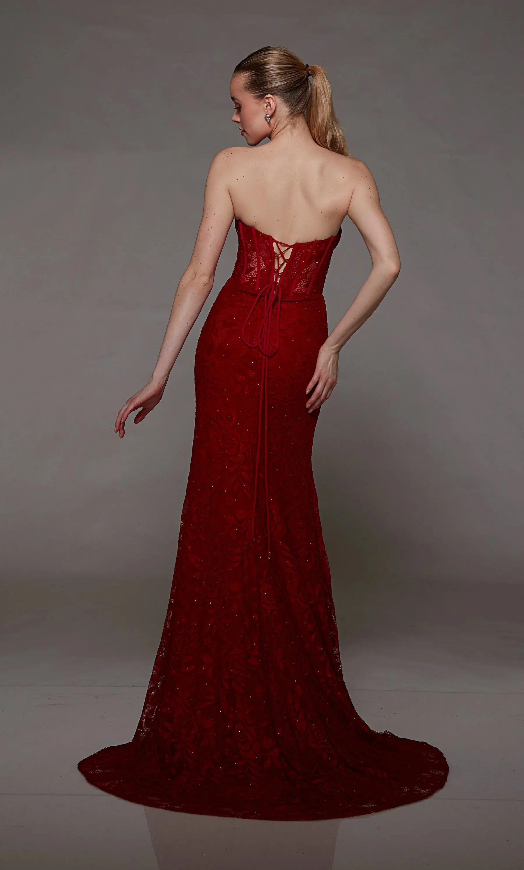ALYCE Paris 1804 Red Lace Dress with Corset Bodice and Slit