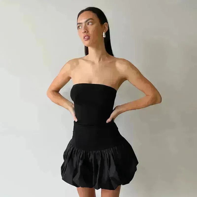 Chic Tube Top Dress Summer Solid Color Pleated Skirt Dress Women Fashion Short Mini Skater Dresses  Evening Party Cocktail Dress for Ladies