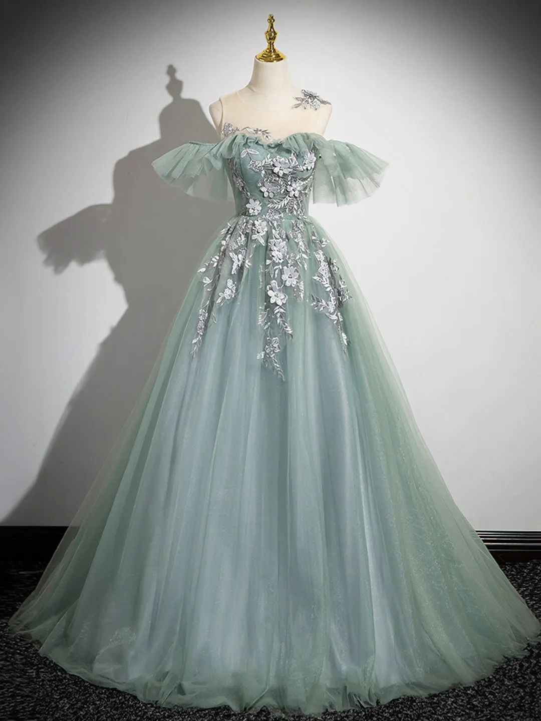Cute Tulle Lace Long Prom Dress A-Line Scoop Neckline Off Shoulder Evening Party Dress