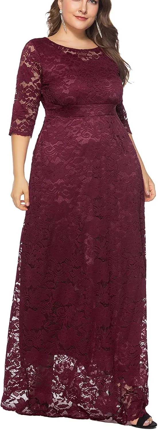 Eternatastic Women's Floral Lace 2/3 Sleeves Maxi Dress Plus Size Evening Party Dresses