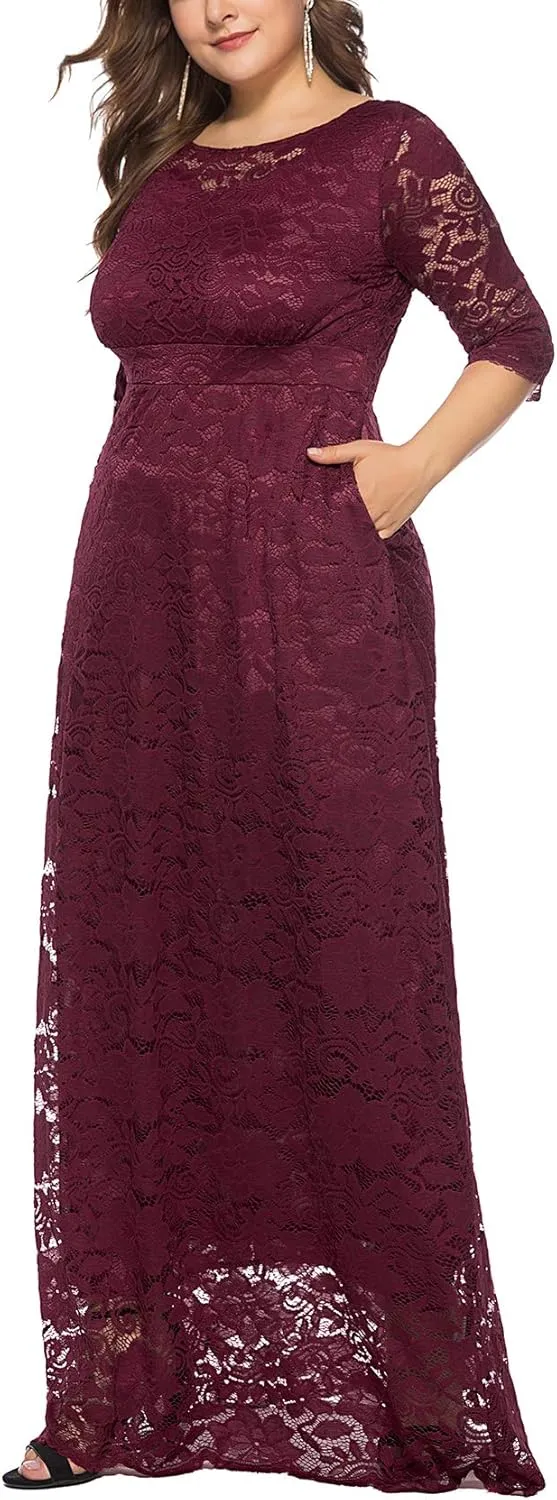 Eternatastic Women's Floral Lace 2/3 Sleeves Maxi Dress Plus Size Evening Party Dresses