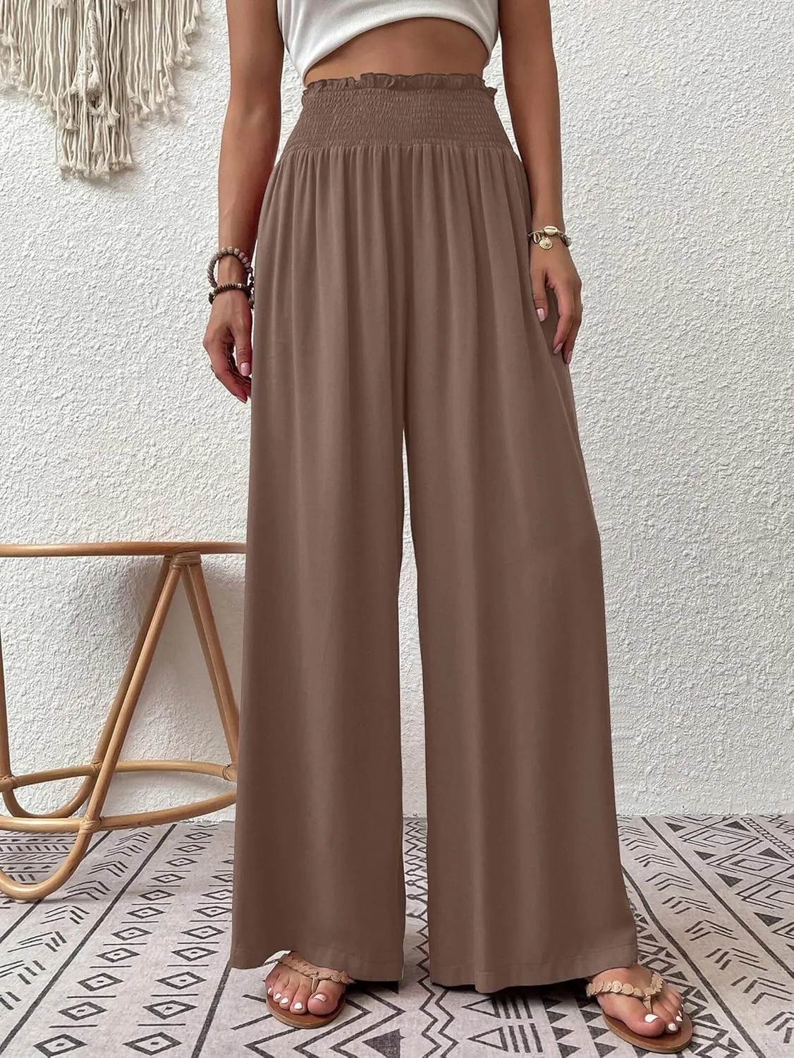 Febriajuce Womens High Waist Wide Leg Pants Smocked Elastic Waist Flowy Palazzo Lounge Pants Loose Trousers with Pockets