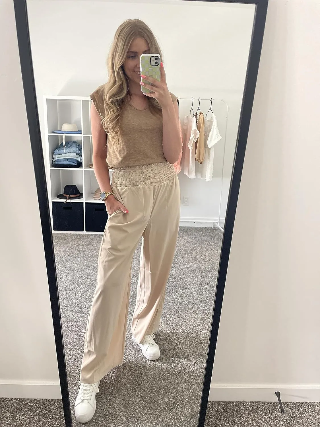 Febriajuce Womens High Waist Wide Leg Pants Smocked Elastic Waist Flowy Palazzo Lounge Pants Loose Trousers with Pockets
