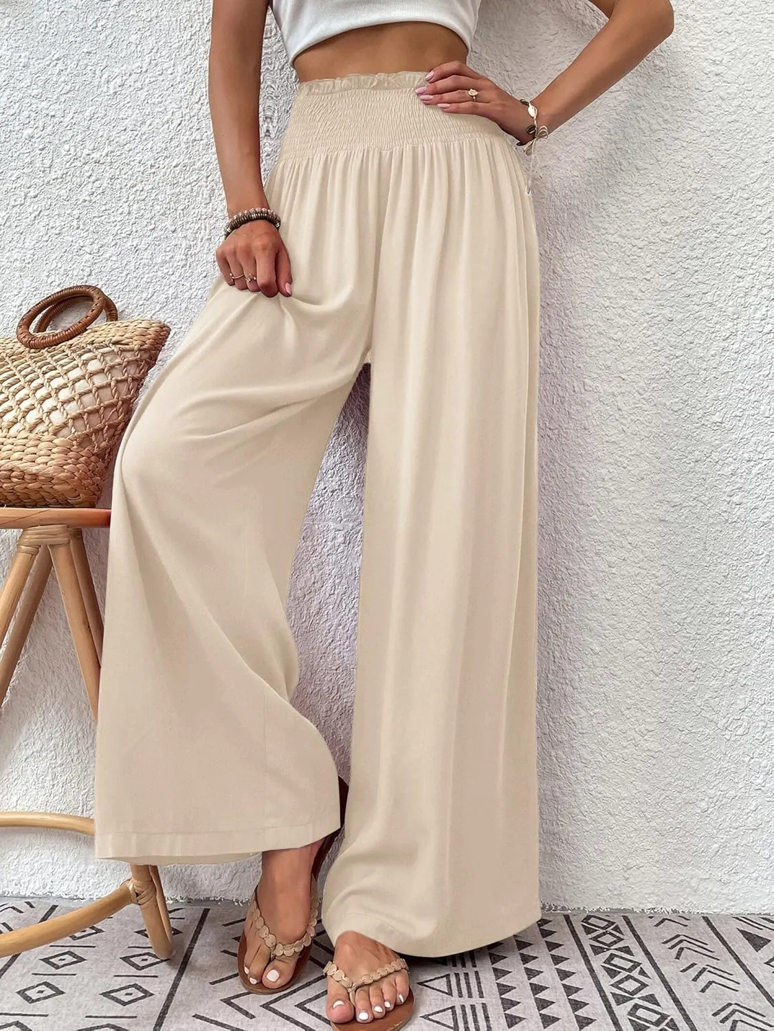 Febriajuce Womens High Waist Wide Leg Pants Smocked Elastic Waist Flowy Palazzo Lounge Pants Loose Trousers with Pockets