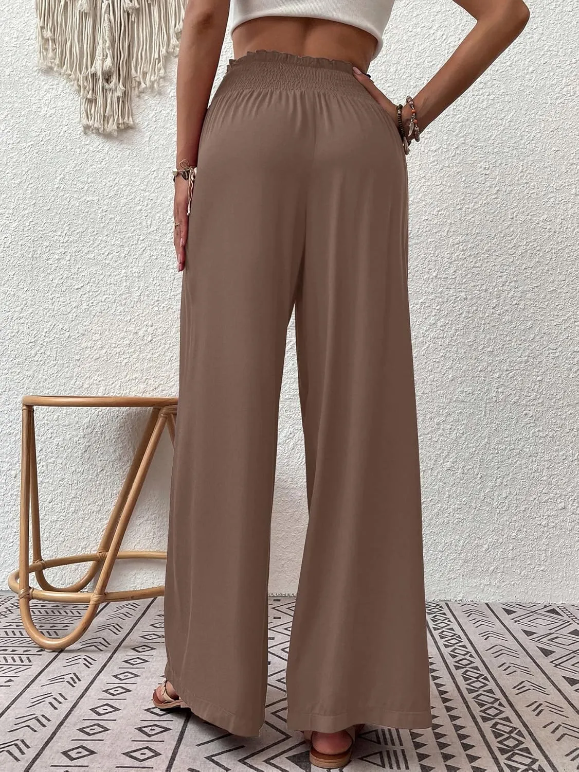 Febriajuce Womens High Waist Wide Leg Pants Smocked Elastic Waist Flowy Palazzo Lounge Pants Loose Trousers with Pockets