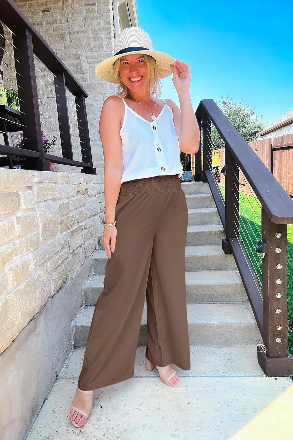 Febriajuce Womens High Waist Wide Leg Pants Smocked Elastic Waist Flowy Palazzo Lounge Pants Loose Trousers with Pockets