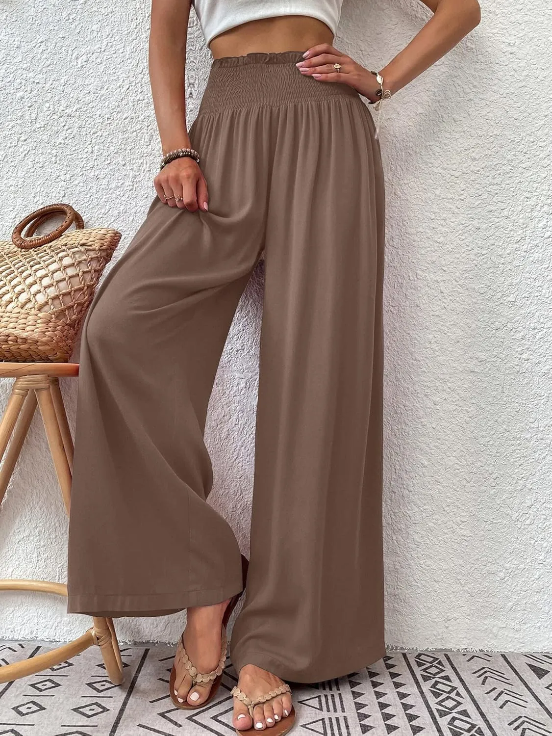 Febriajuce Womens High Waist Wide Leg Pants Smocked Elastic Waist Flowy Palazzo Lounge Pants Loose Trousers with Pockets