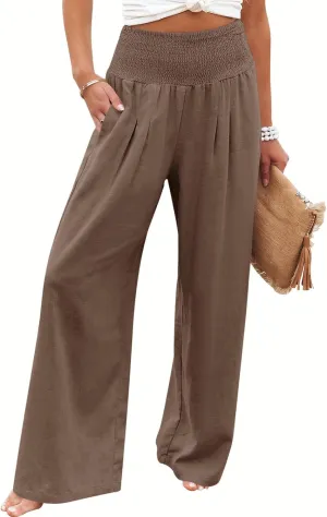 Febriajuce Womens High Waist Wide Leg Pants Smocked Elastic Waist Flowy Palazzo Lounge Pants Loose Trousers with Pockets