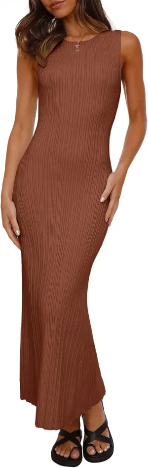 Ferlema Womens 2024 Sweater Dress Sleeveless Crew Neck Slim Fit Ribbed Knit Bodycon Elegant Maxi Dress