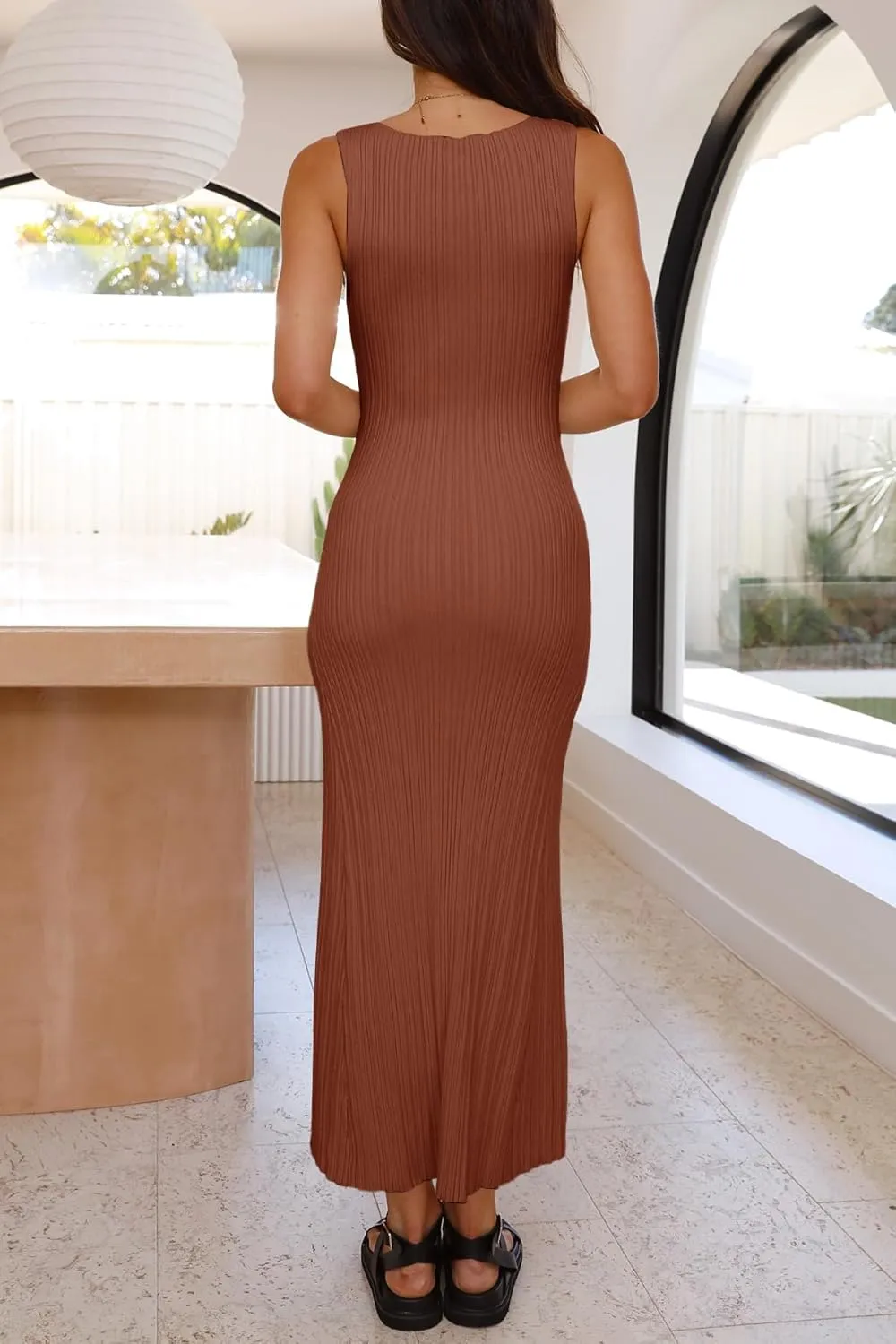 Ferlema Womens 2024 Sweater Dress Sleeveless Crew Neck Slim Fit Ribbed Knit Bodycon Elegant Maxi Dress