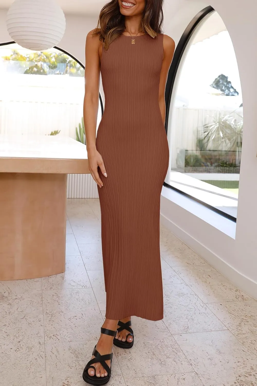 Ferlema Womens 2024 Sweater Dress Sleeveless Crew Neck Slim Fit Ribbed Knit Bodycon Elegant Maxi Dress