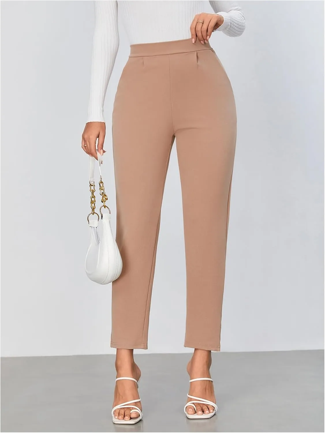 Floerns Women's Solid High Waist Tapered Ankle Stretch Work Pants