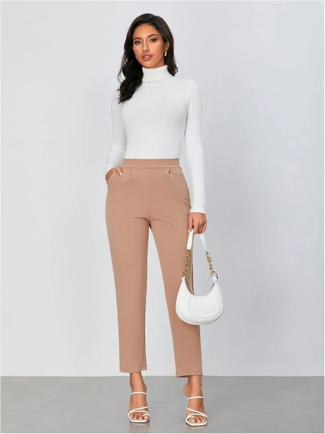 Floerns Women's Solid High Waist Tapered Ankle Stretch Work Pants