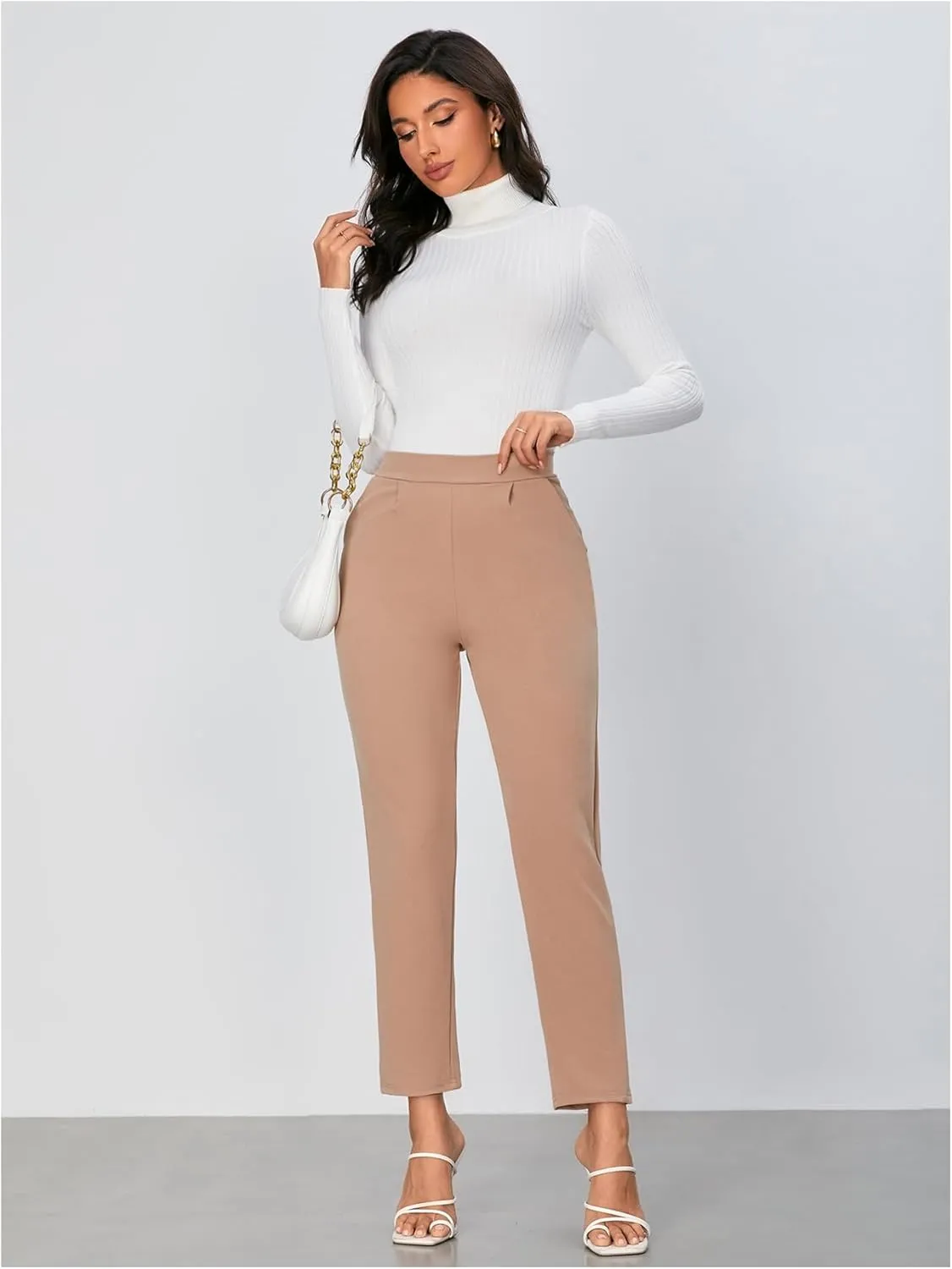 Floerns Women's Solid High Waist Tapered Ankle Stretch Work Pants