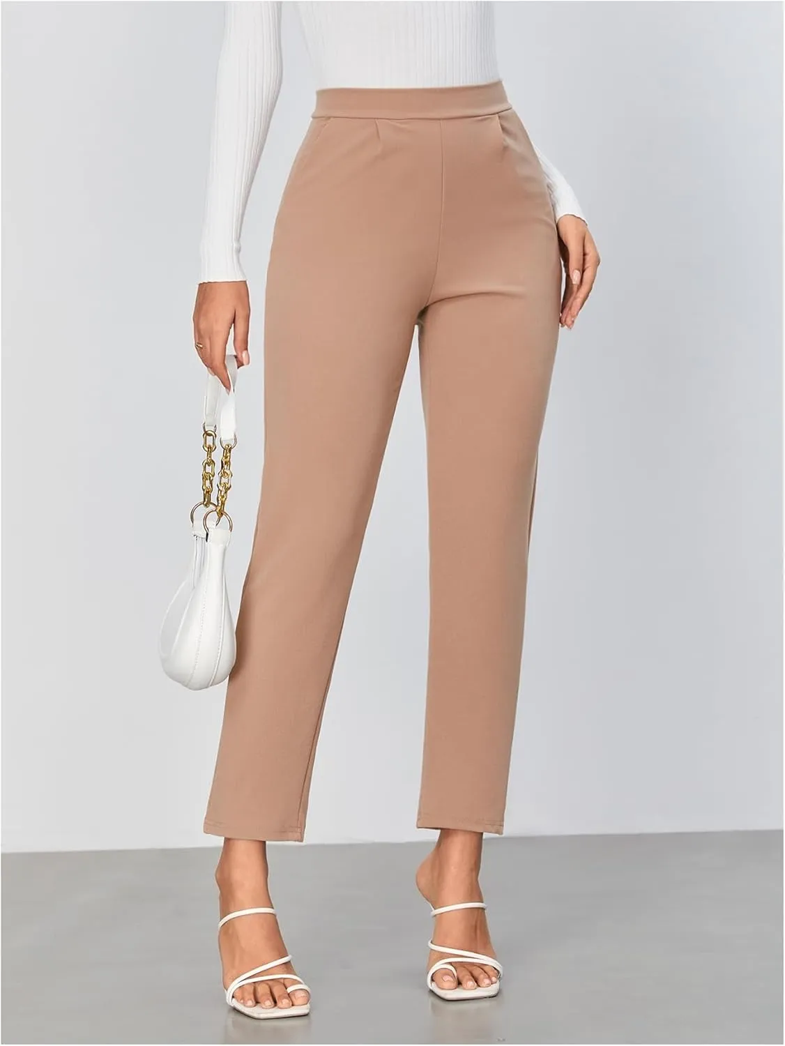 Floerns Women's Solid High Waist Tapered Ankle Stretch Work Pants