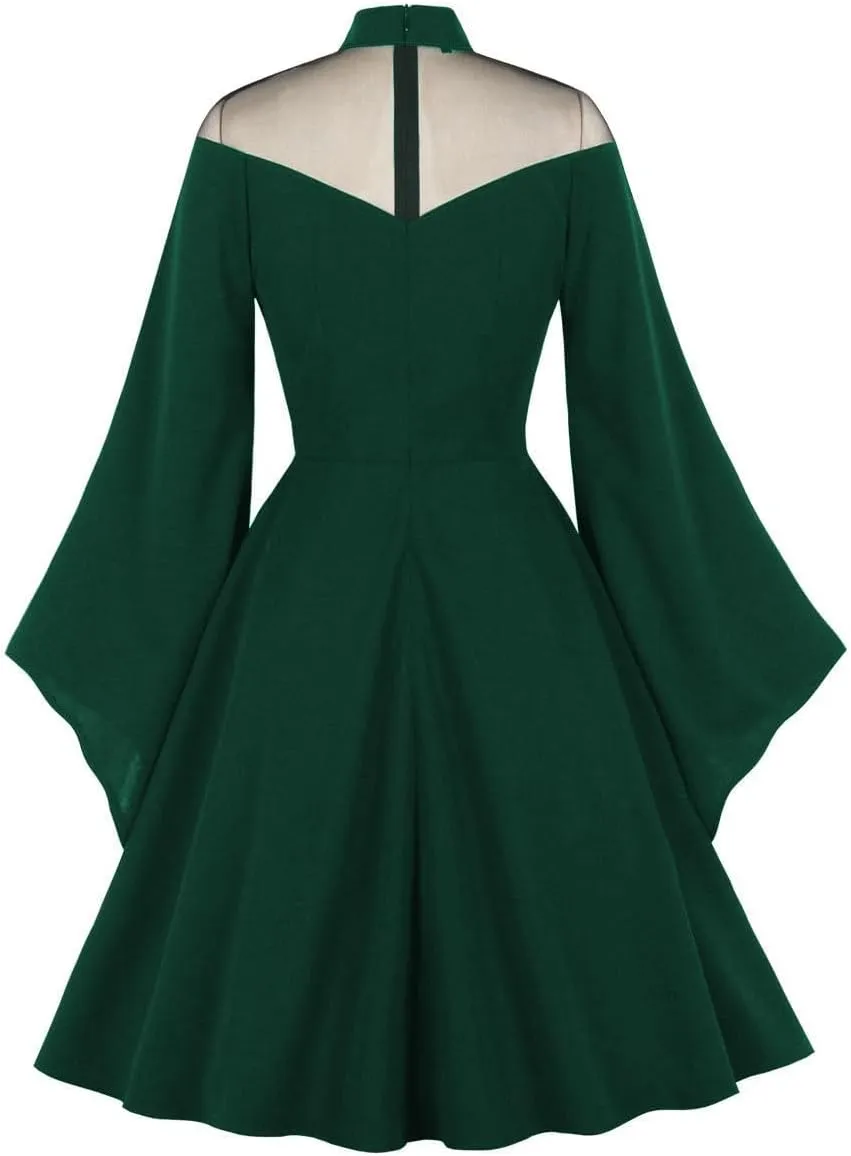 IWEMEK Women Mesh Long Sleeve Gothic Cocktail Vintage Dress Goth Sheer Illusion Panel Wedding Guest Evening Party Swing Dress