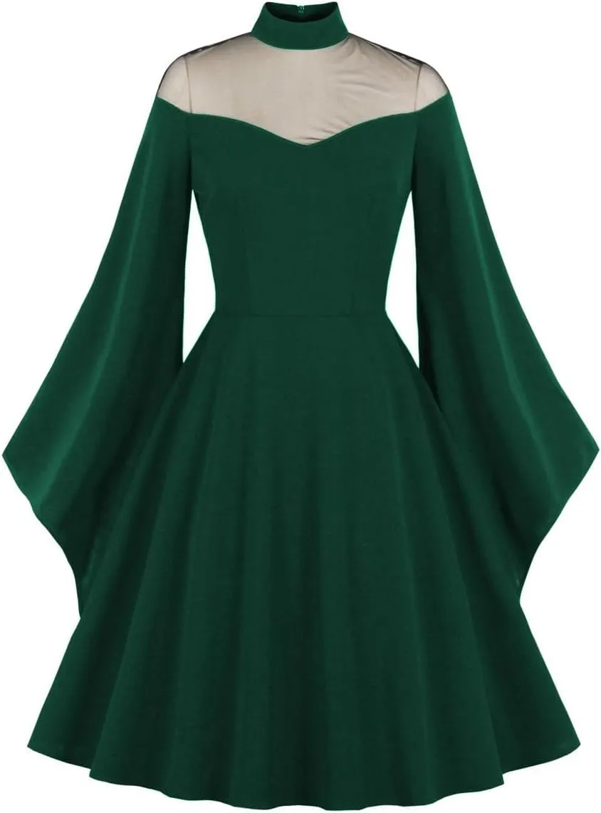IWEMEK Women Mesh Long Sleeve Gothic Cocktail Vintage Dress Goth Sheer Illusion Panel Wedding Guest Evening Party Swing Dress