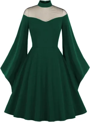 IWEMEK Women Mesh Long Sleeve Gothic Cocktail Vintage Dress Goth Sheer Illusion Panel Wedding Guest Evening Party Swing Dress