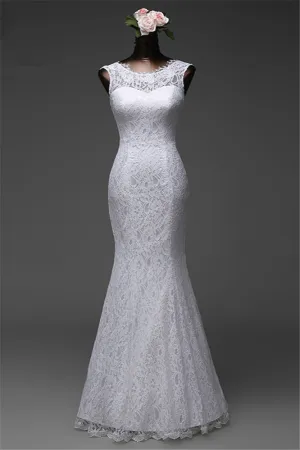 Jewel Neck Floor-Length Mermaid Wedding Dress with Lace