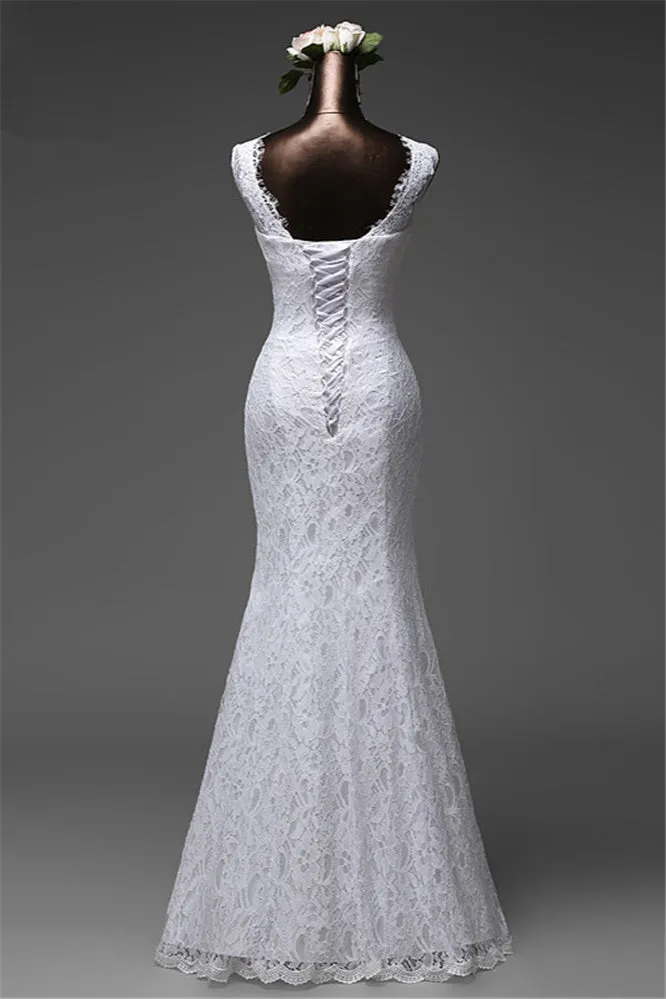 Jewel Neck Floor-Length Mermaid Wedding Dress with Lace