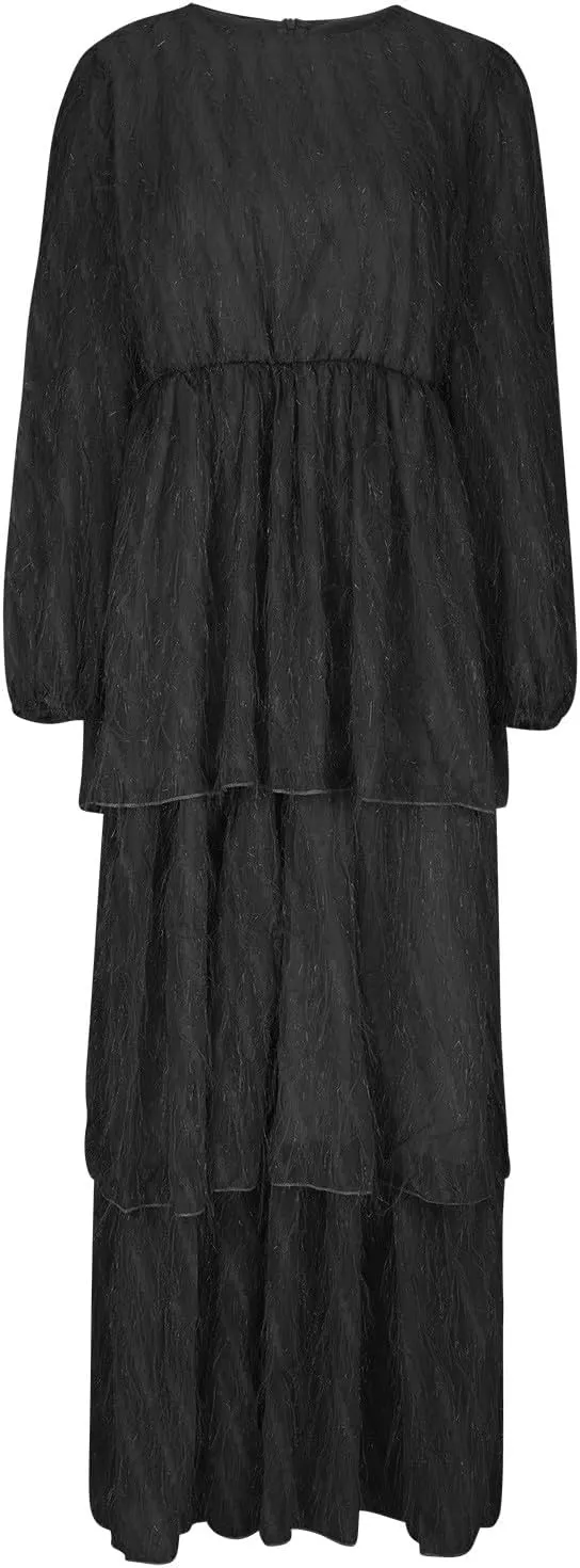 JOAU Women Long Sleeve Tassel Dress High Waist Crew Neck Layered Swing A-Line Maxi Dresses Cocktail Party Flowy Fringe Dress