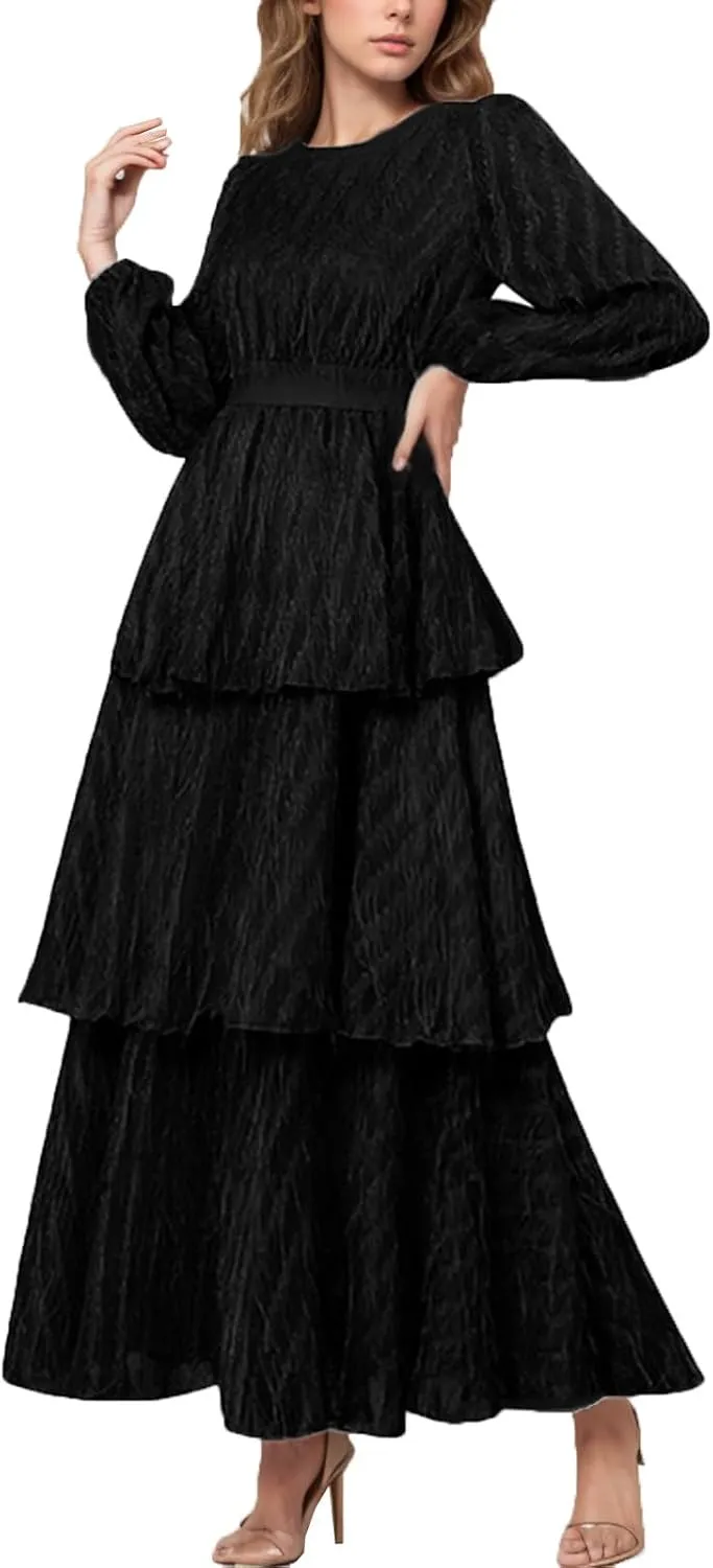 JOAU Women Long Sleeve Tassel Dress High Waist Crew Neck Layered Swing A-Line Maxi Dresses Cocktail Party Flowy Fringe Dress