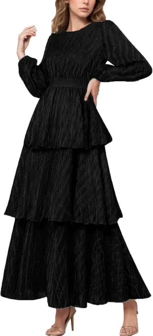 JOAU Women Long Sleeve Tassel Dress High Waist Crew Neck Layered Swing A-Line Maxi Dresses Cocktail Party Flowy Fringe Dress