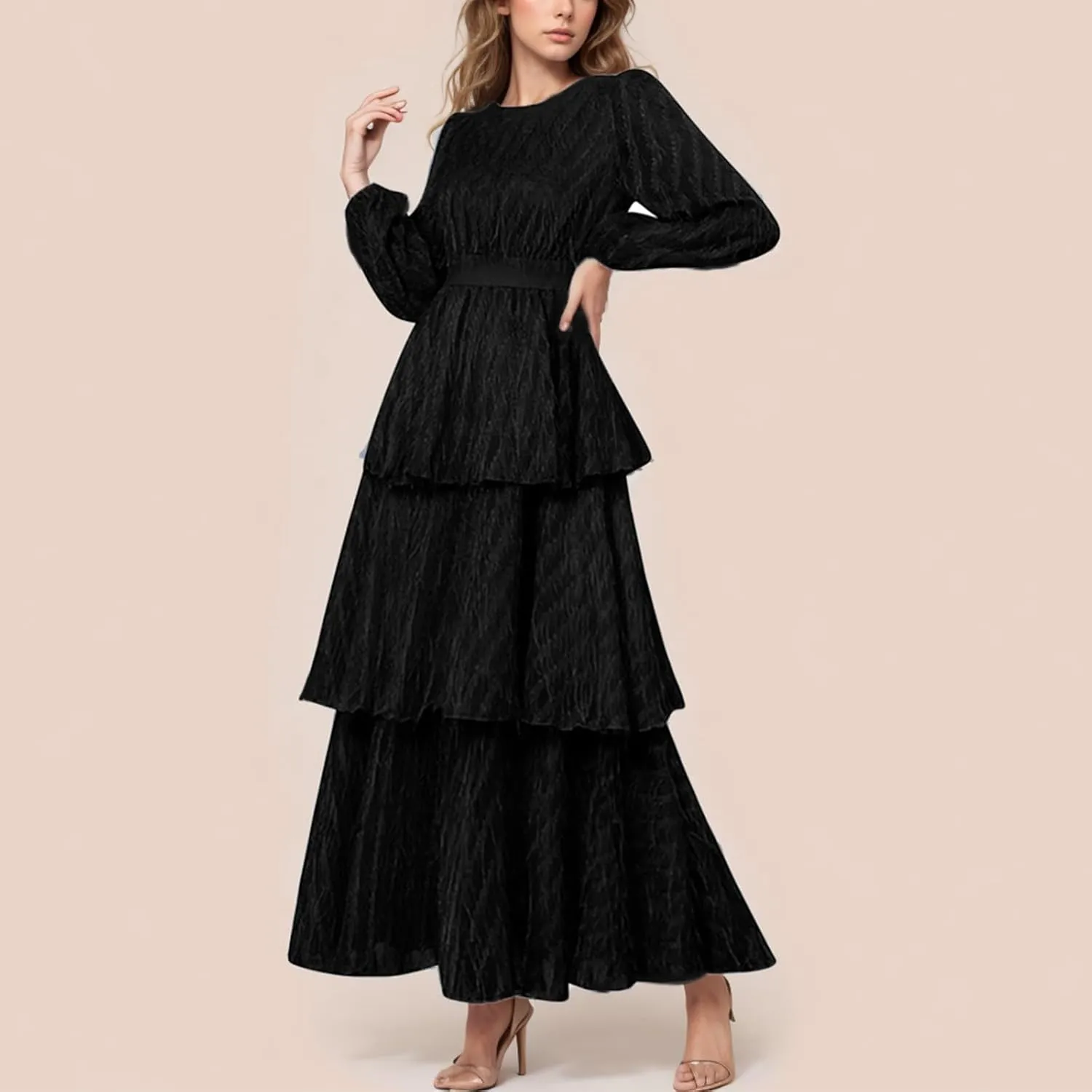 JOAU Women Long Sleeve Tassel Dress High Waist Crew Neck Layered Swing A-Line Maxi Dresses Cocktail Party Flowy Fringe Dress