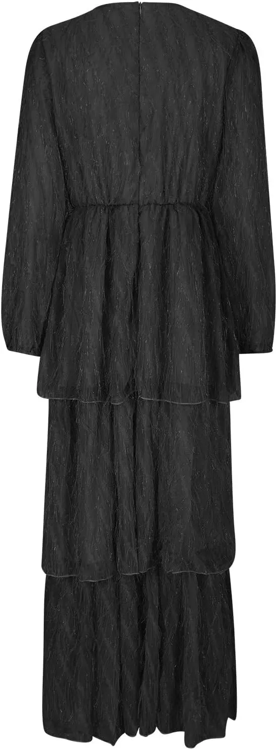 JOAU Women Long Sleeve Tassel Dress High Waist Crew Neck Layered Swing A-Line Maxi Dresses Cocktail Party Flowy Fringe Dress