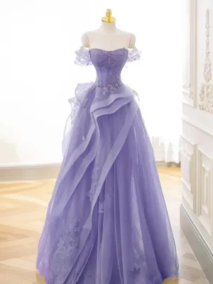 kamahe A-Line Off Shoulder Tulle Lace Purple Long Prom Dress, Purple Lace Long Formal Dress