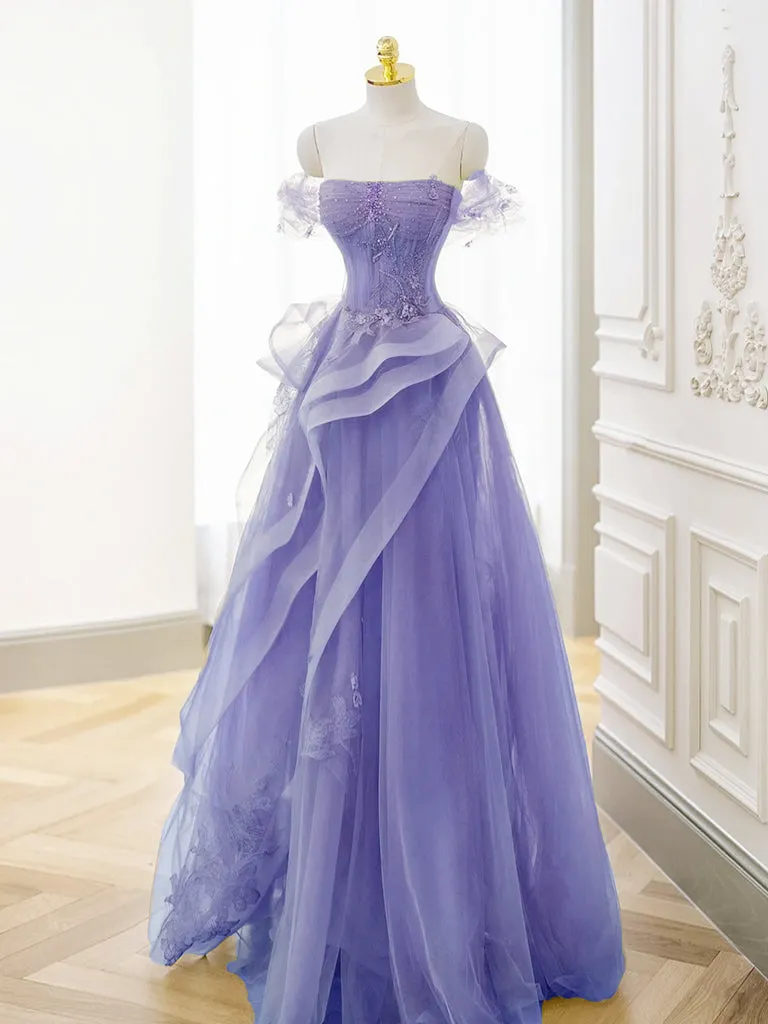 kamahe A-Line Off Shoulder Tulle Lace Purple Long Prom Dress, Purple Lace Long Formal Dress