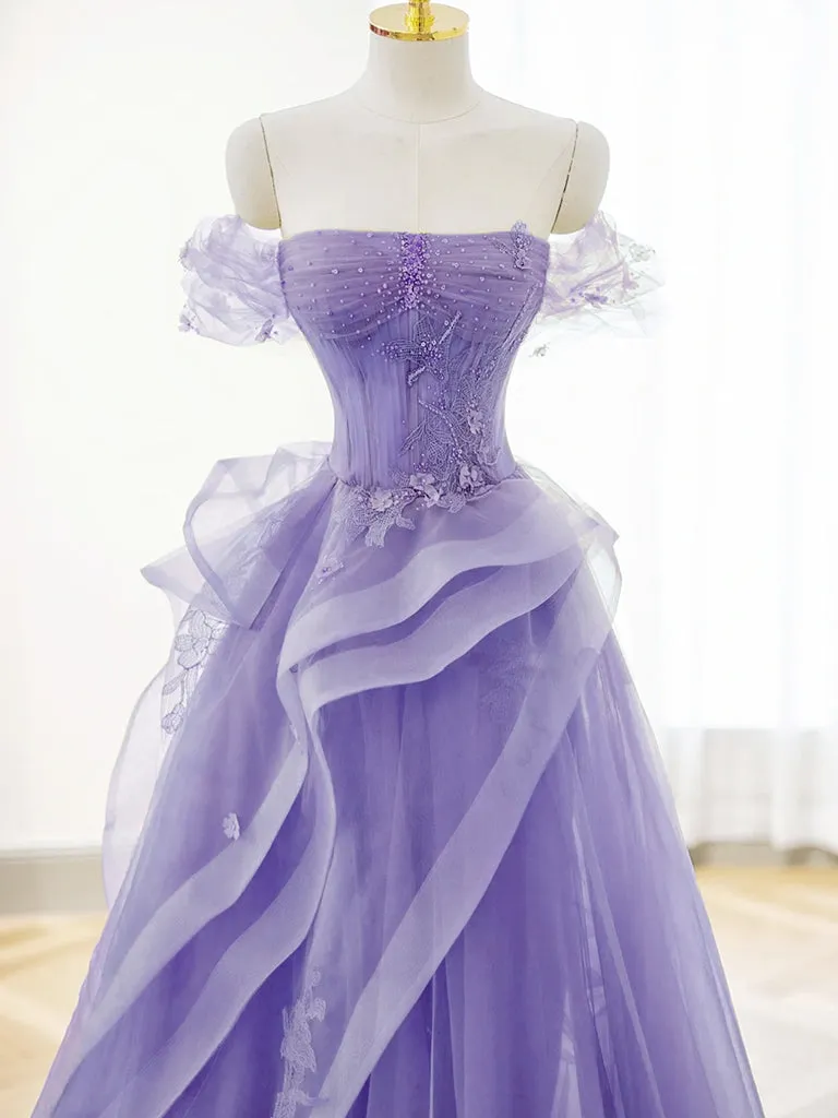 kamahe A-Line Off Shoulder Tulle Lace Purple Long Prom Dress, Purple Lace Long Formal Dress