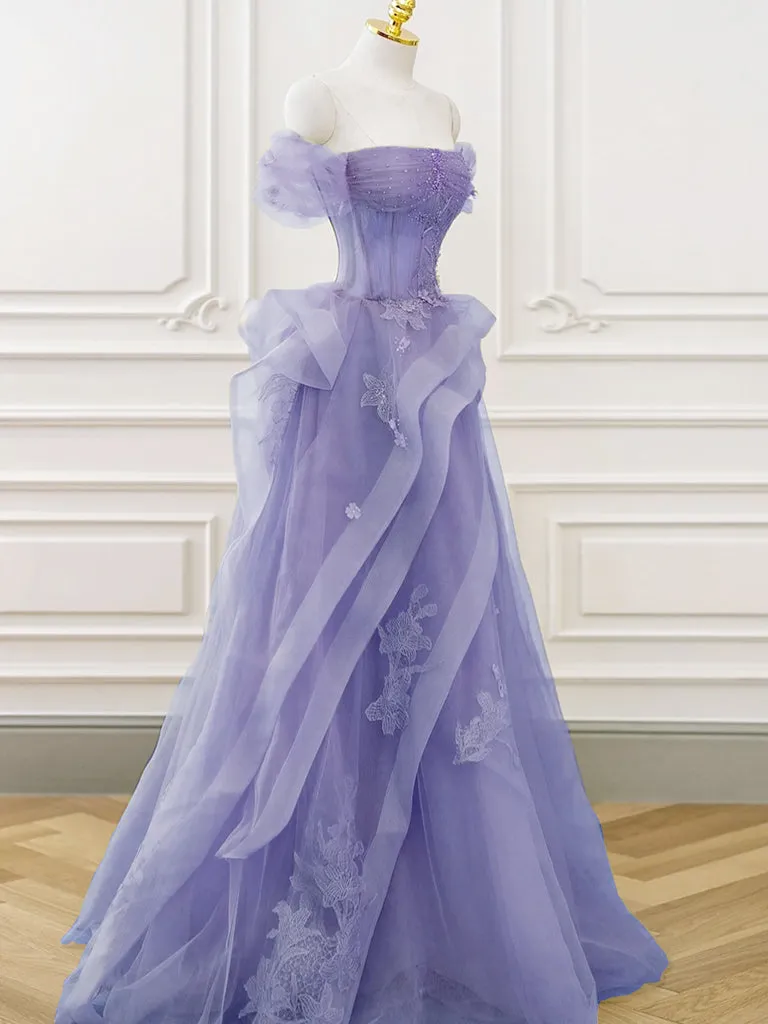 kamahe A-Line Off Shoulder Tulle Lace Purple Long Prom Dress, Purple Lace Long Formal Dress
