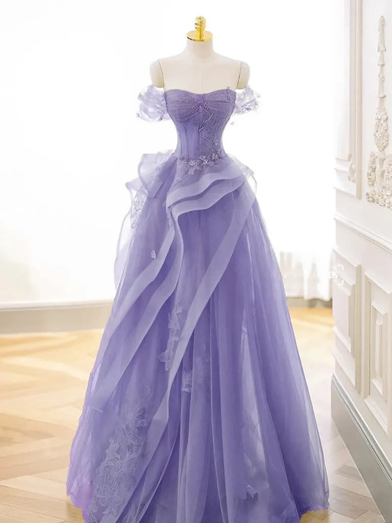kamahe A-Line Off Shoulder Tulle Lace Purple Long Prom Dress, Purple Lace Long Formal Dress