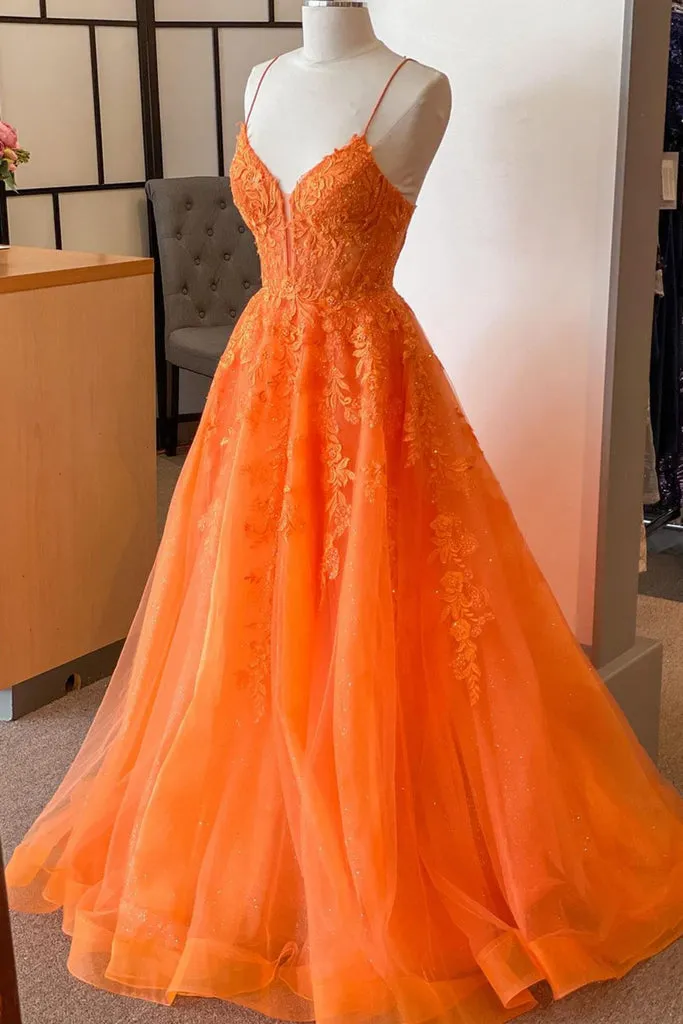 kamahe A Line V Neck Orange Lace Long Prom Dress, Orange Lace Formal Dress, Orange Evening Dress