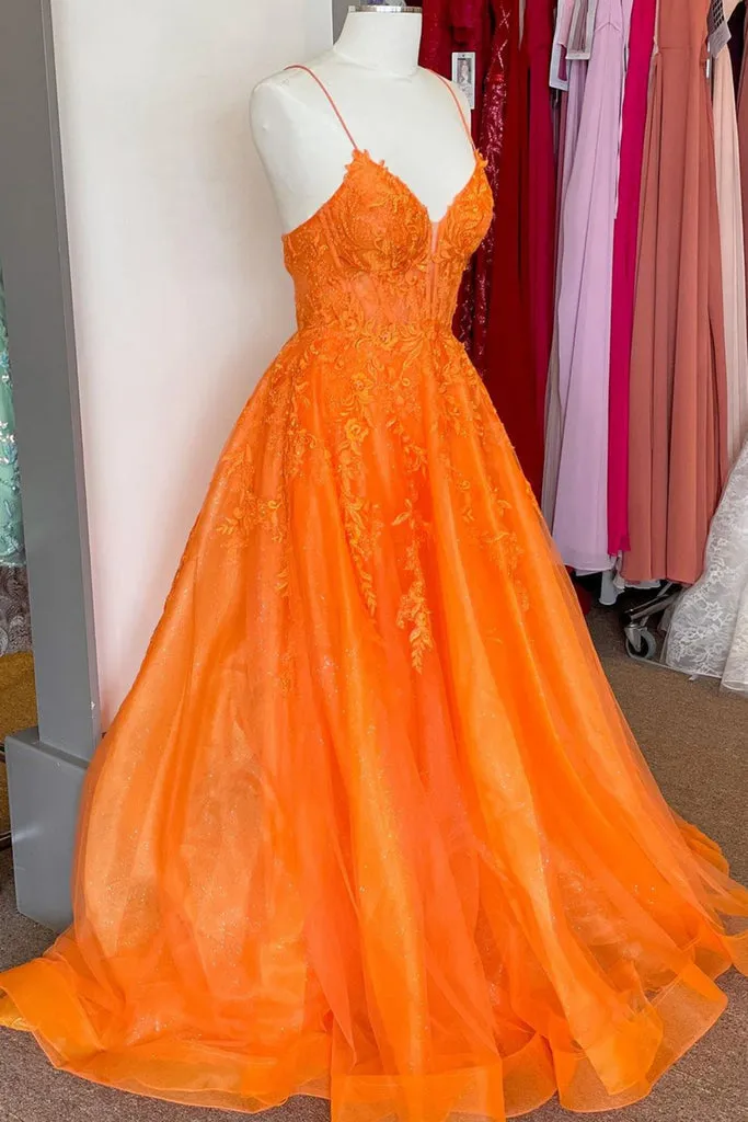 kamahe A Line V Neck Orange Lace Long Prom Dress, Orange Lace Formal Dress, Orange Evening Dress