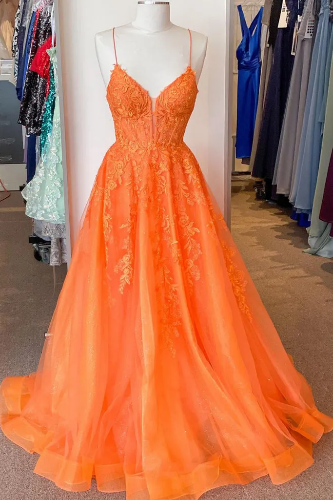 kamahe A Line V Neck Orange Lace Long Prom Dress, Orange Lace Formal Dress, Orange Evening Dress
