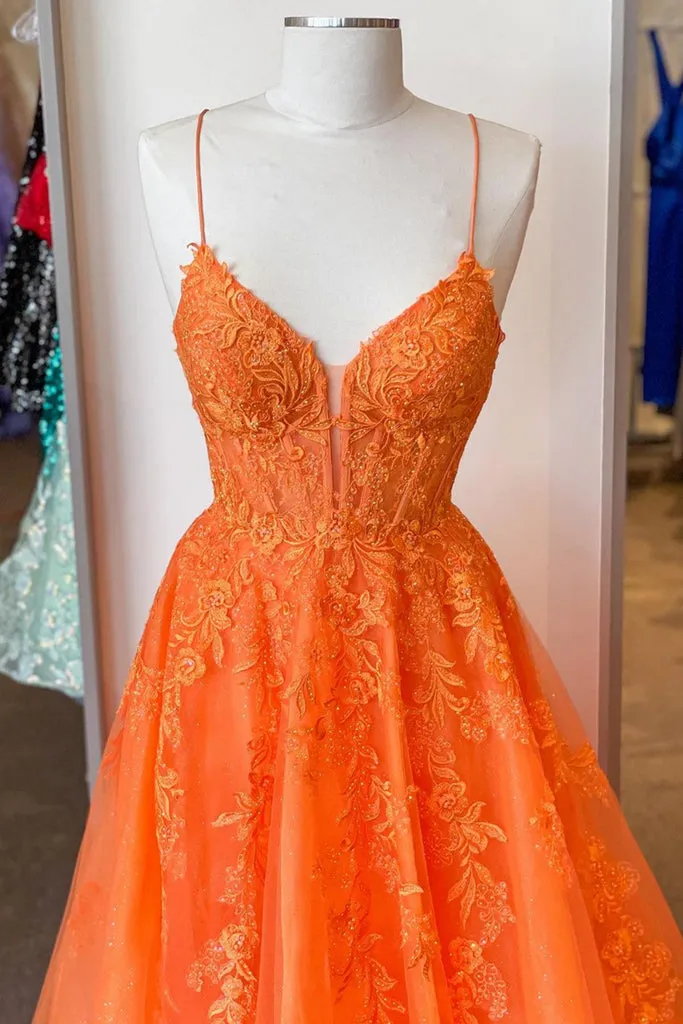 kamahe A Line V Neck Orange Lace Long Prom Dress, Orange Lace Formal Dress, Orange Evening Dress