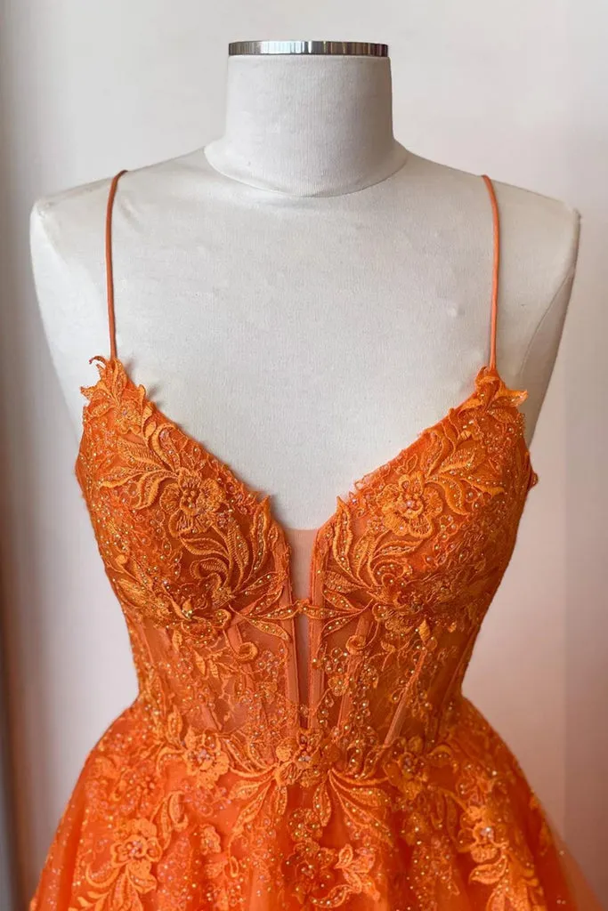 kamahe A Line V Neck Orange Lace Long Prom Dress, Orange Lace Formal Dress, Orange Evening Dress