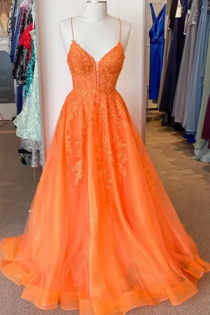 kamahe A Line V Neck Orange Lace Long Prom Dress, Orange Lace Formal Dress, Orange Evening Dress