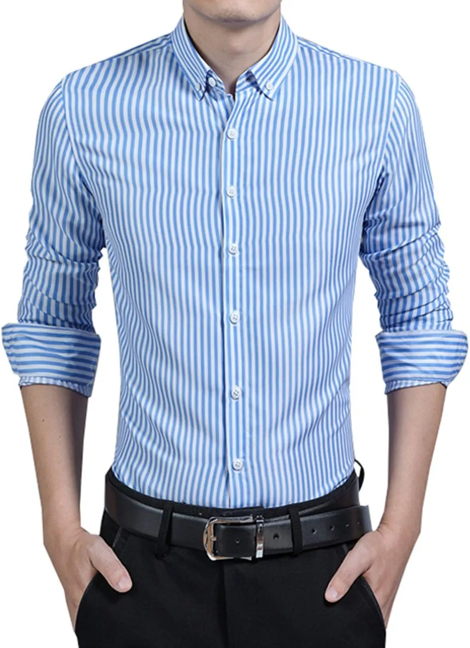 Men's Classic Casual Vertical Striped Slim Fit Long Sleeve Dress Shirts