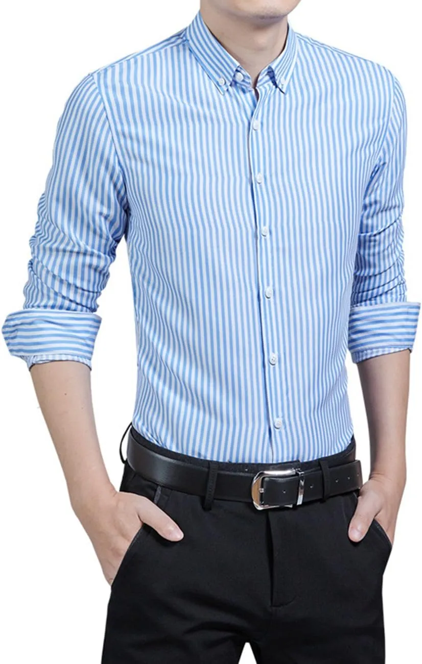 Men's Classic Casual Vertical Striped Slim Fit Long Sleeve Dress Shirts