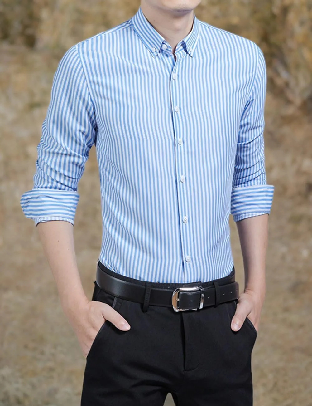 Men's Classic Casual Vertical Striped Slim Fit Long Sleeve Dress Shirts