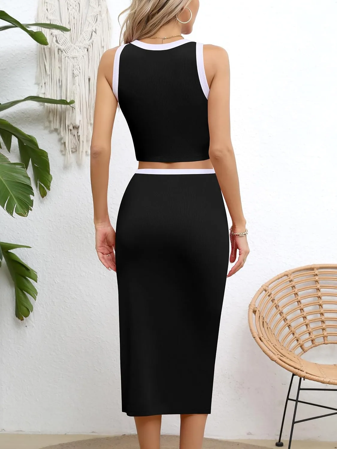 Missufe Women's 2 Piece Dress Outfits Crop Tank Top and Slit Midi Pencil Skirt Summer Set