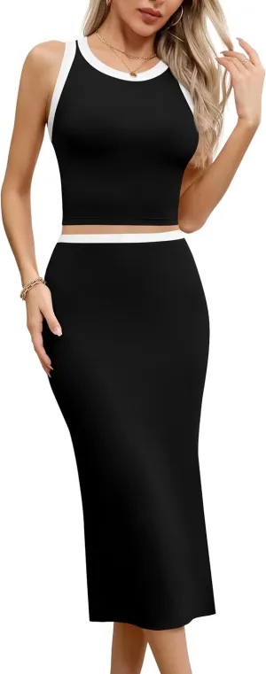Missufe Women's 2 Piece Dress Outfits Crop Tank Top and Slit Midi Pencil Skirt Summer Set