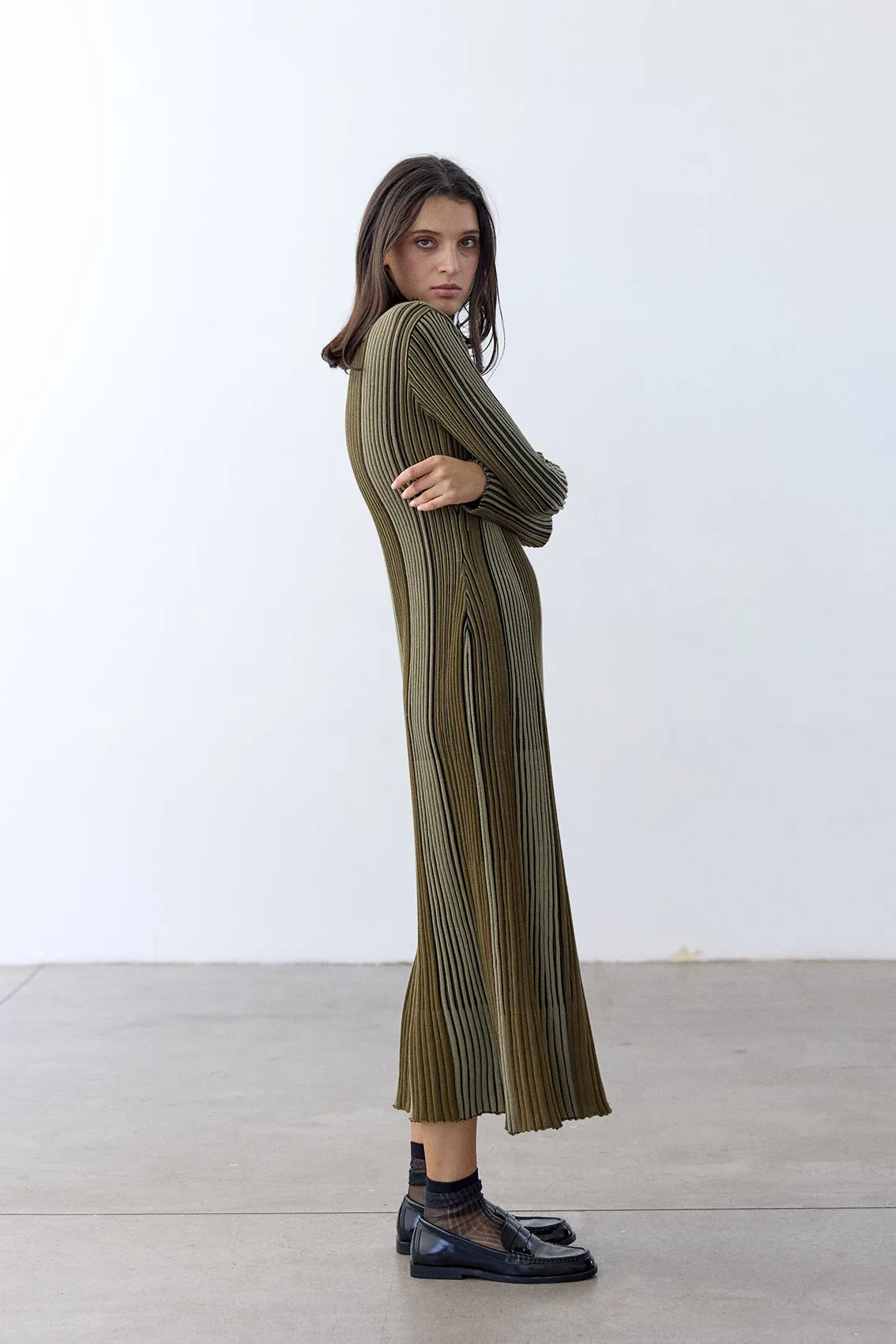 Mock Neck Contrast Knitted Dress Pima Cotton - Musgo
